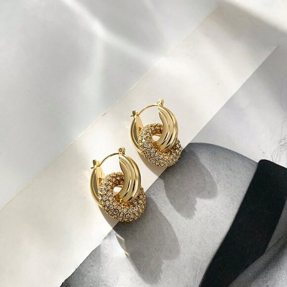 Yellow Gold Women's Gold Color Zinc Alloy Full Diamond Inlaid Hoop Earrings - Picture 2 of 5